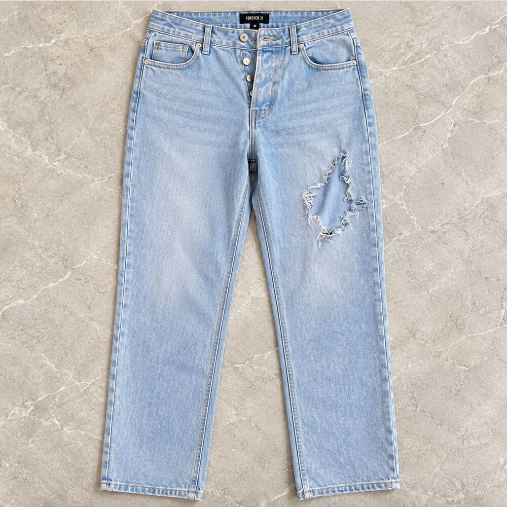Forever 21 Jeans 28 Light Blue Distressed Straight Leg Button Fly Cotton 30x27